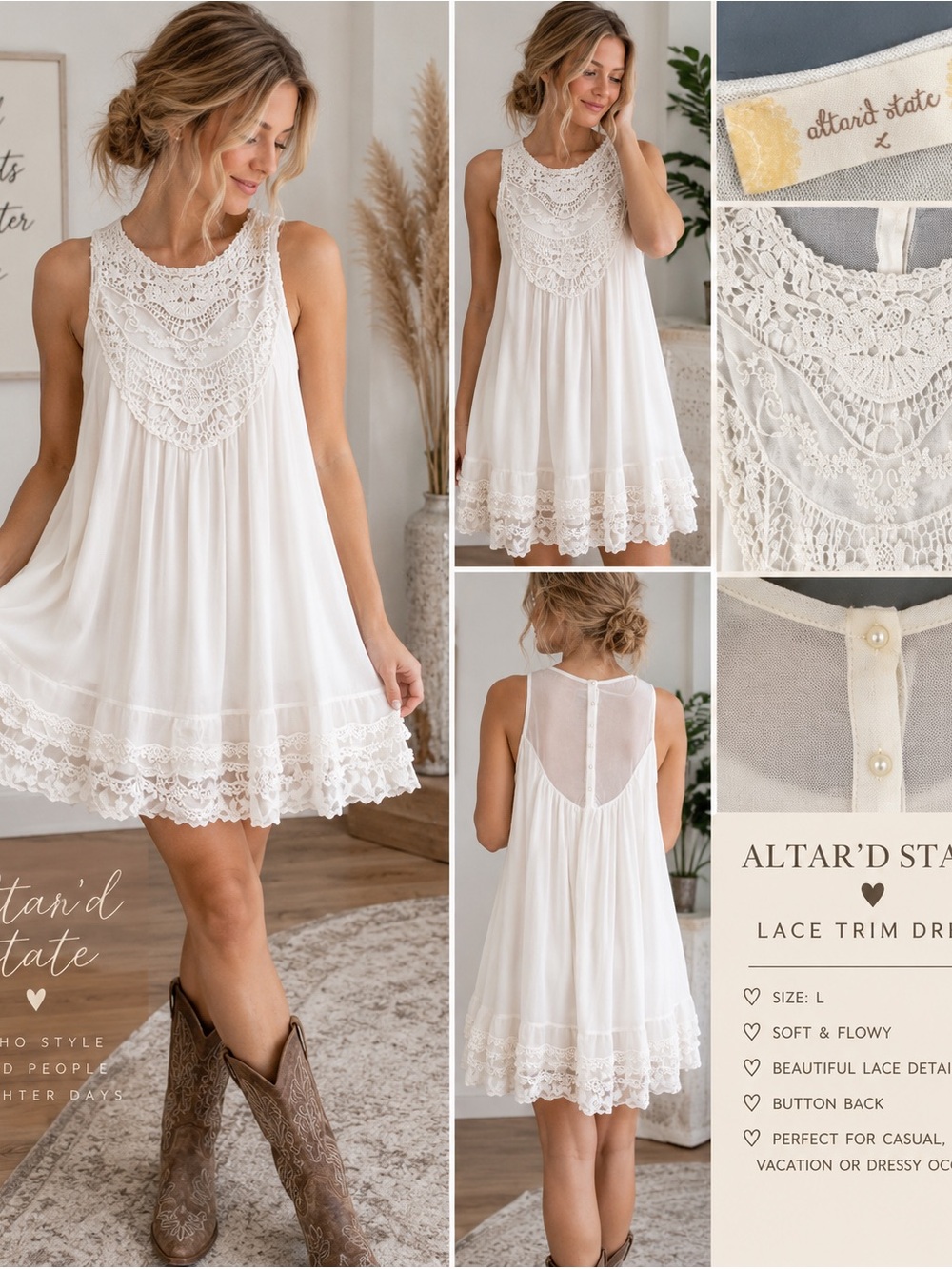 Altar’d State White Lace Trim Boho Mini Dress – Size L